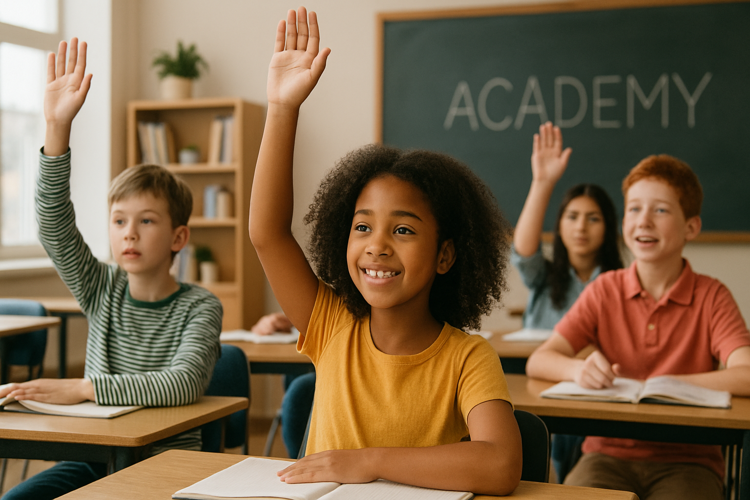 Students raising their hands in a classroom
